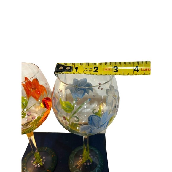 Vtg Hand Painted Coordinating Floral Wine Glasses Goblets Set Of 2 - Picture 8 of 8
